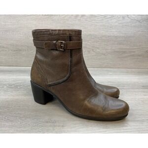 ECCO Brown Leather Ankle Boots Block Heel Buckle Strap Side‎ Zip Women's 9.5